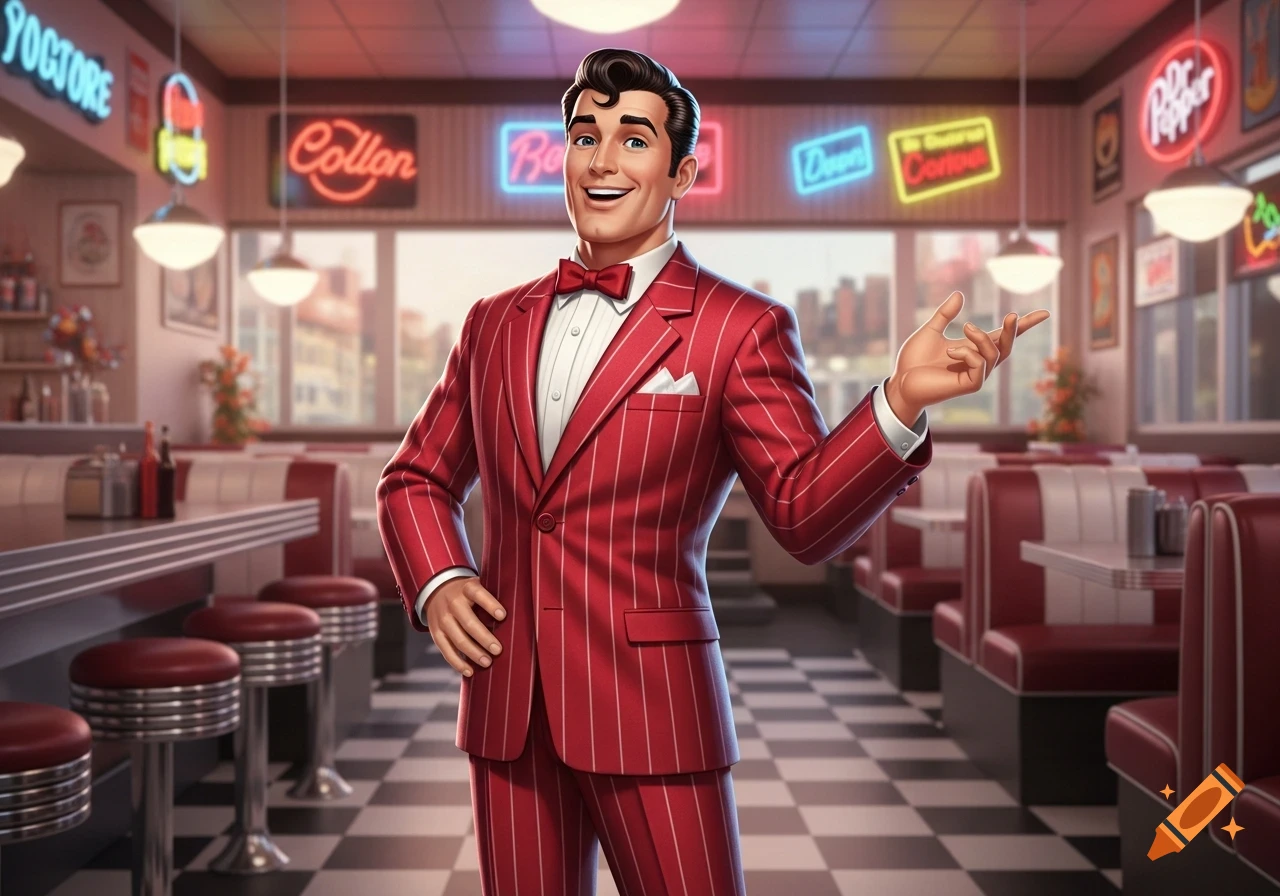 A smiling man in a red pinstripe suit and bow tie gestures in a retro diner with neon signs and checkered floor.