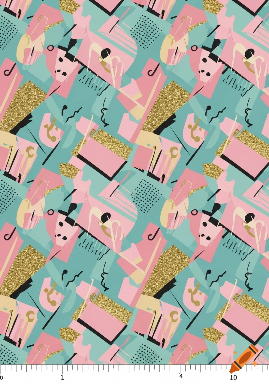 Seamless abstract 80s style pattern with geometric shapes, lines, and gold glitter in pink, teal, and black.
