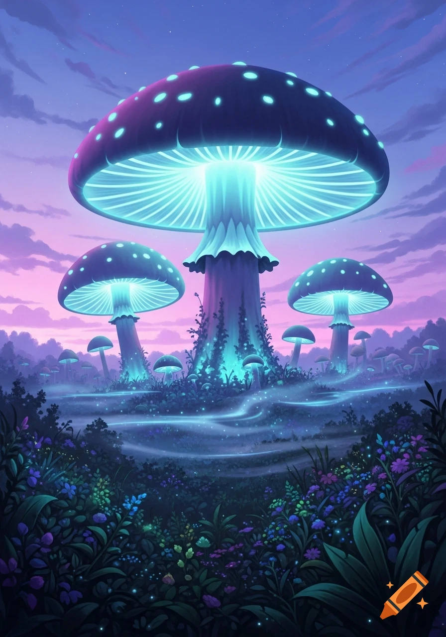 A vibrant fantasy landscape with giant glowing blue and purple mushrooms amidst lush foliage under a twilight sky.