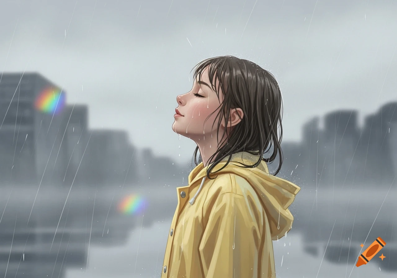 An illustration of a girl in a yellow raincoat standing in the rain with her eyes closed, face tilted up. Blurred city buildings in background.