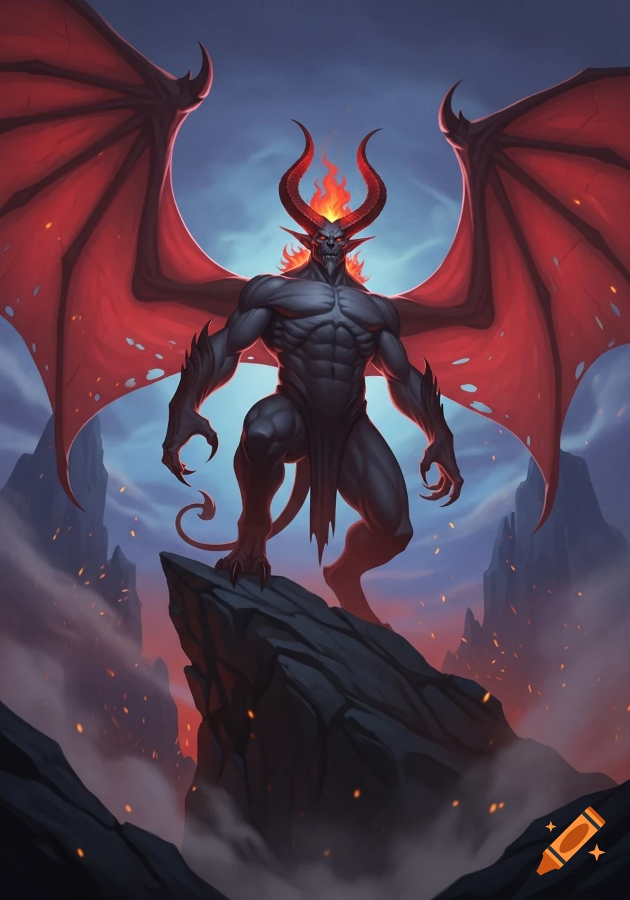 A muscular, dark-skinned demon with large red wings and red horns stands atop a rocky peak amidst a smoky, fiery landscape.