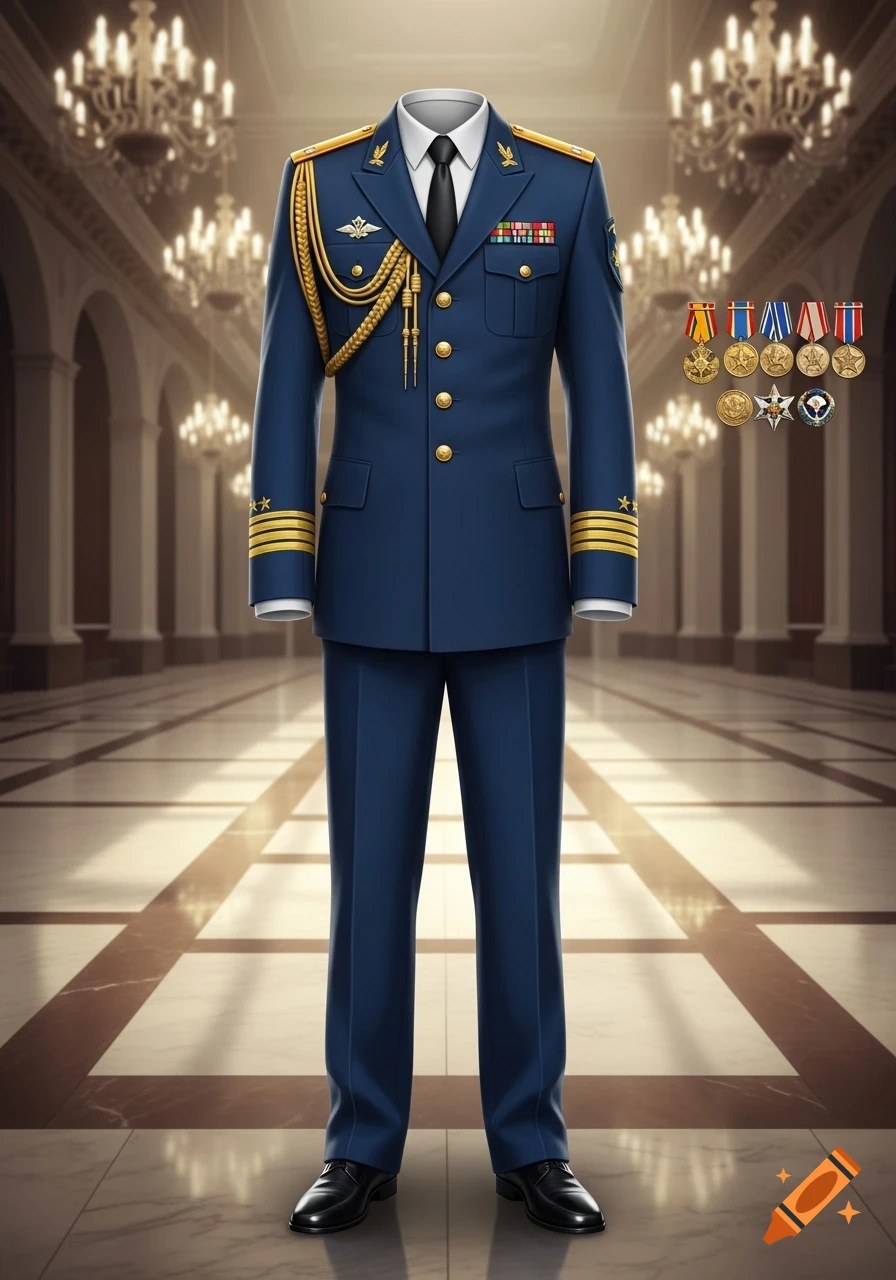 A formal navy blue military uniform adorned with gold braiding and medals, standing in a grand hall with chandeliers.