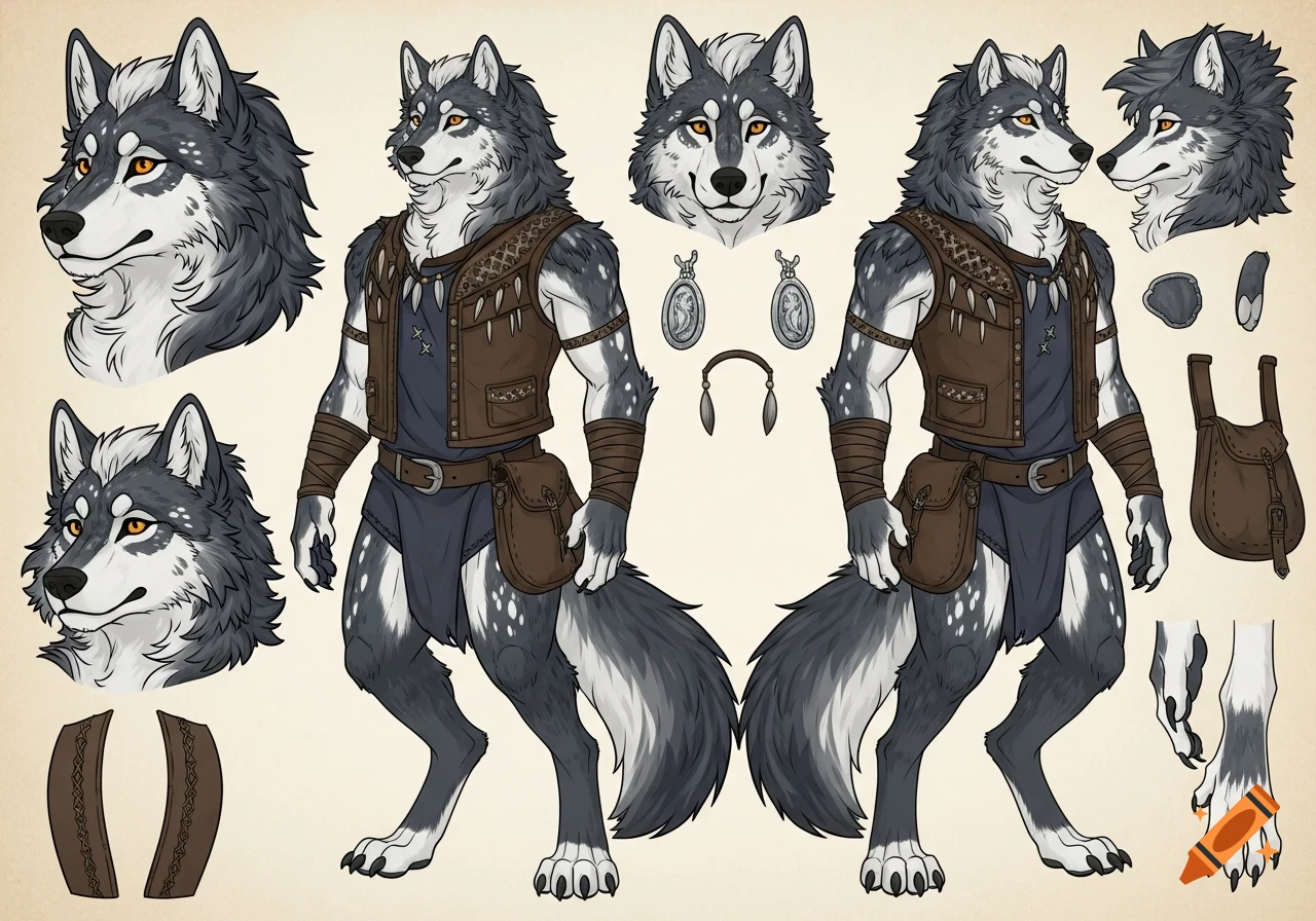 Reference sheet for an anthropomorphic wolf character, featuring full body views, headshots, and accessories in a cartoon style.