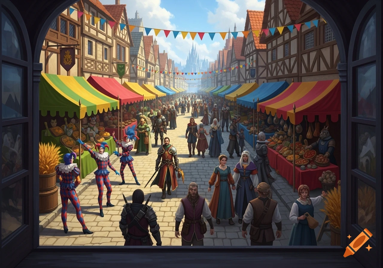 A Vibrant Medieval Fantasy Market Street Bustling With Merchants a-vibrant-medieval-fantasy-market-street-bustling-with-merchants