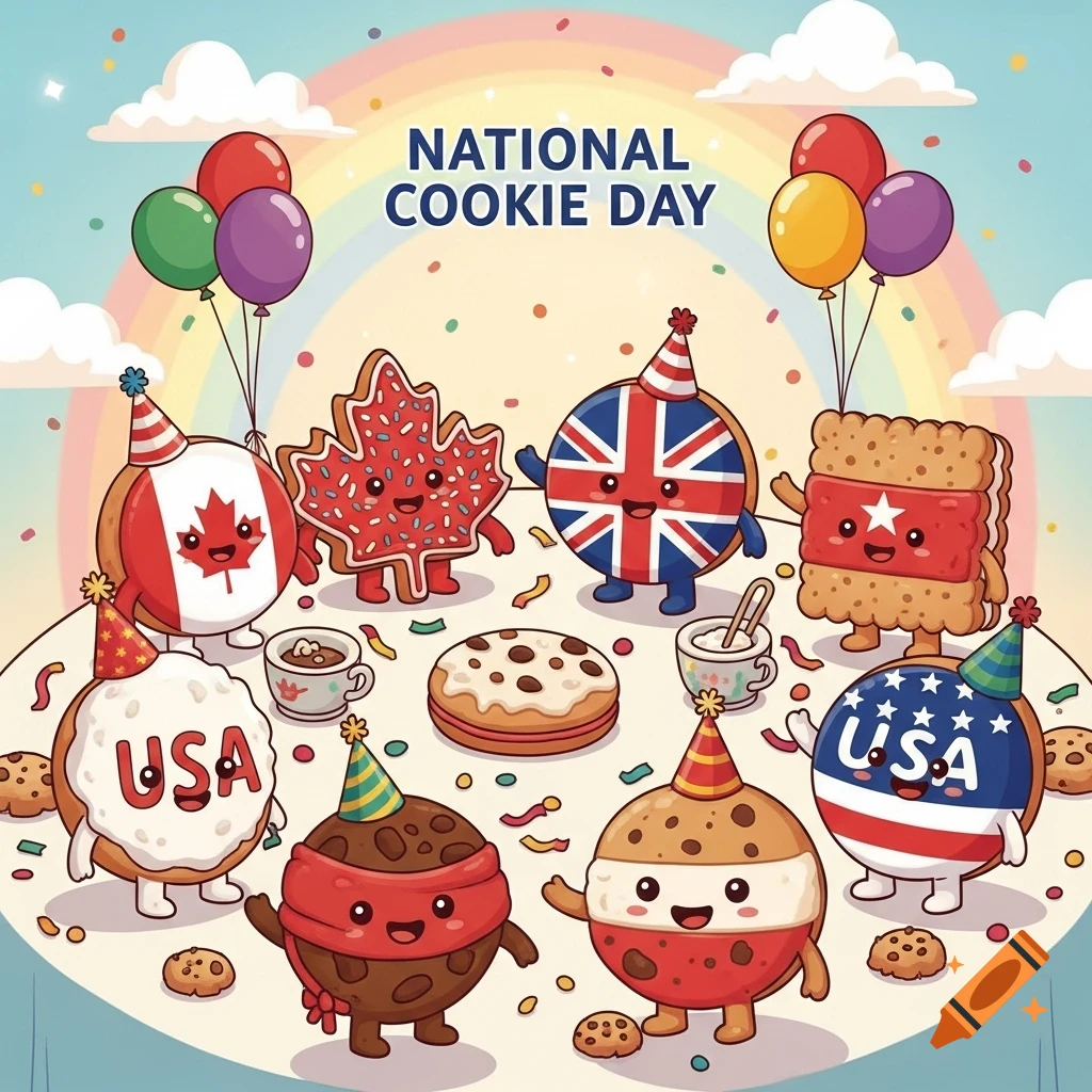 Cartoon illustration of various flag-themed cookies (Canada, UK, USA) celebrating "National Cookie Day" with balloons and confetti under a rainbow.