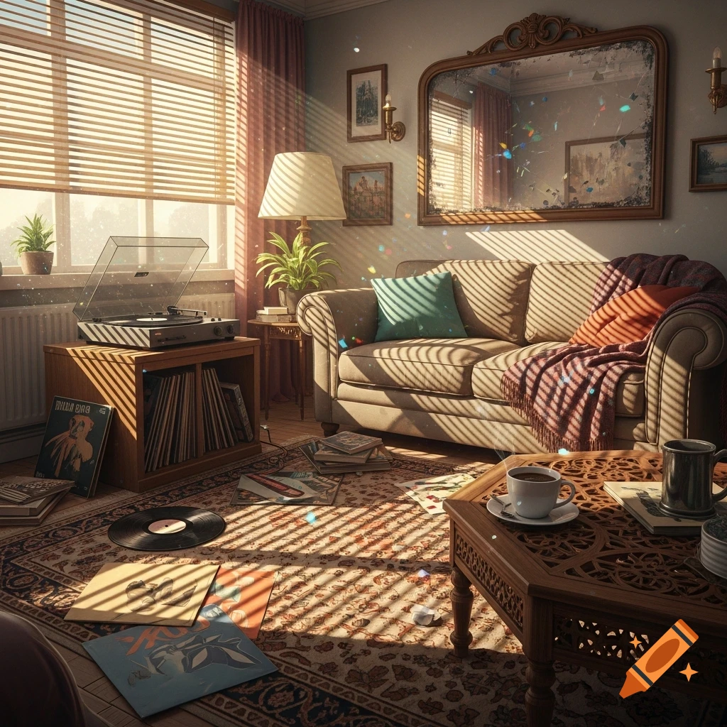 A sunlit living room with venetian blinds casting striped shadows on a couch, rug, and record player. Records are scattered on the floor, and a cup of coffee sits on a carved wooden table, capturing a peaceful, nostalgic atmosphere.