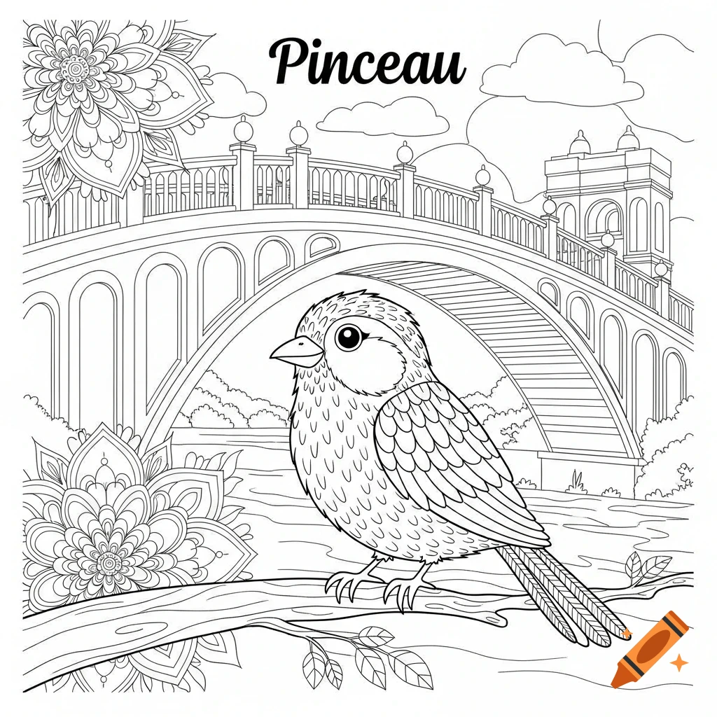 Black and white coloring page of Pinceau the bird on a branch, with a large ornate bridge and mandala flowers behind it.