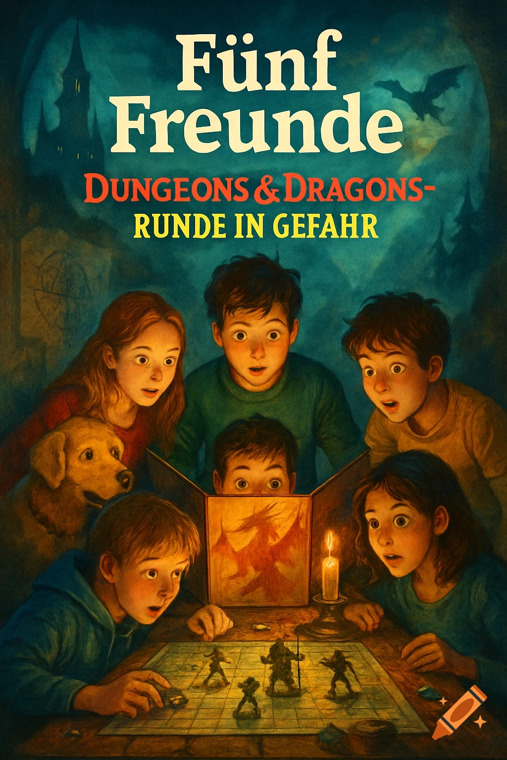 A vibrant illustration of six children and a golden retriever dog gathered around a table, playing a Dungeons & Dragons-style board game by candlelight. They look surprised and focused, with a dungeon master screen showing a dragon.