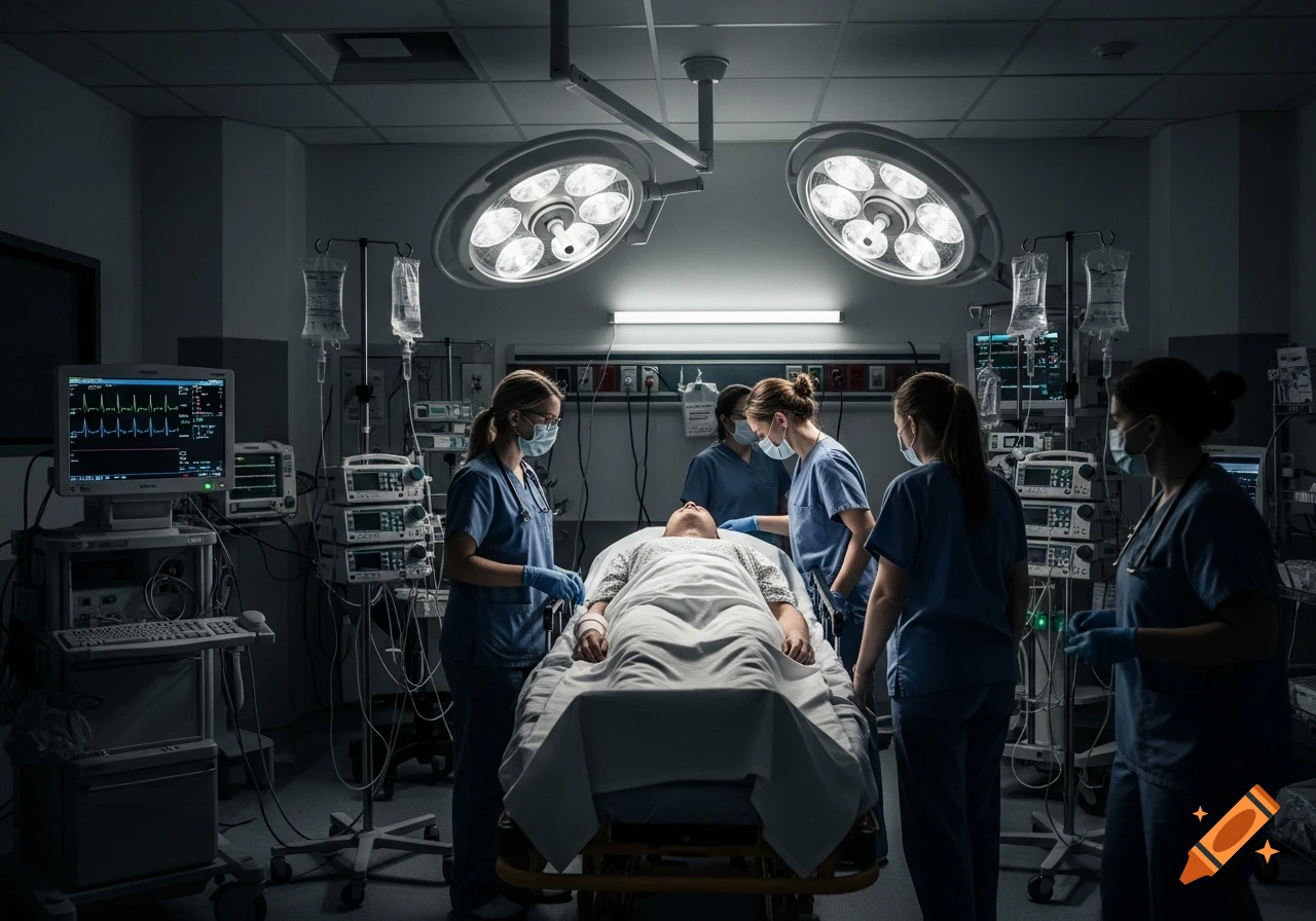A medical team in scrubs and masks attends to a patient on a gurney under bright surgical lights in a hospital room, surrounded by monitors and IV drips.