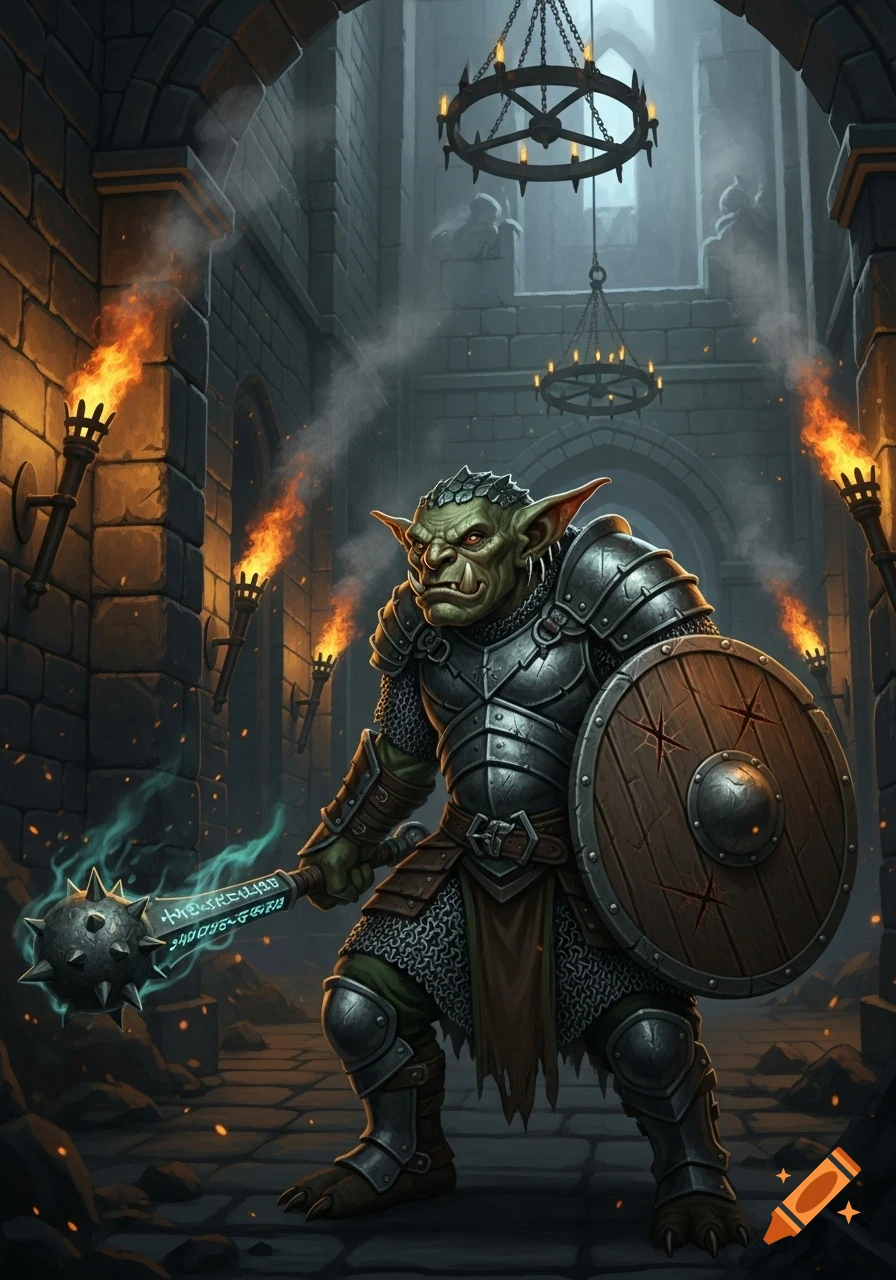 A goblin warrior in chainmail armor holds a mace and shield in a dark, torchlit dungeon.