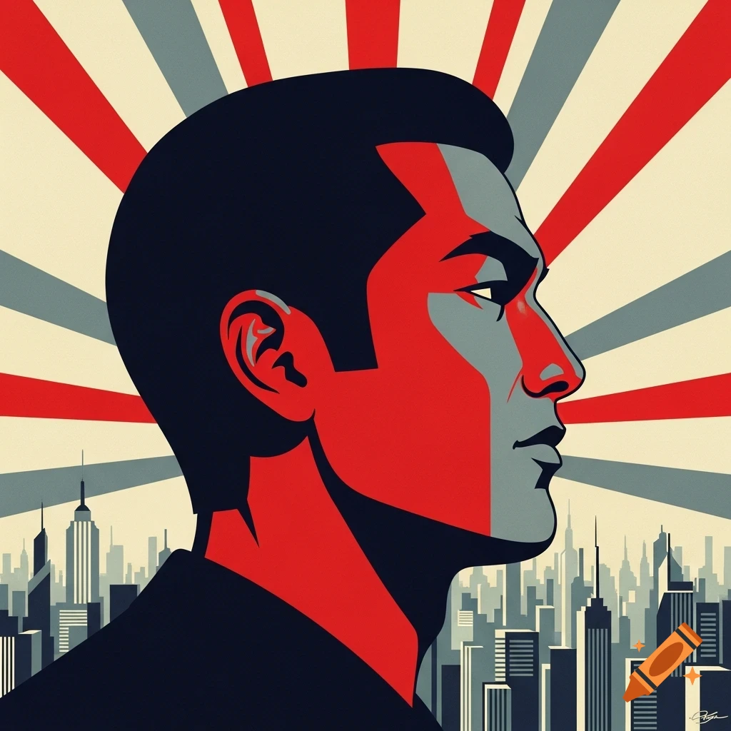 Stylized propaganda poster of a man's profile in red and grey against a cityscape with radiating lines.