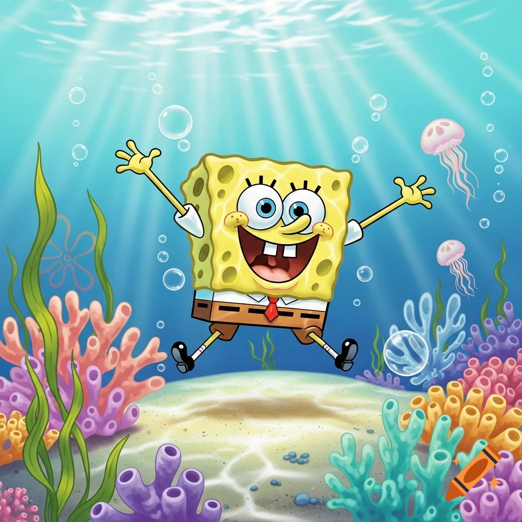 Spongebob Squarepants jumps underwater amidst colorful coral and jellyfish, depicted in a vibrant cartoon style.
