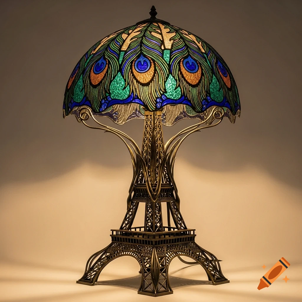 Art Nouveau table lamp with an Eiffel Tower base and a stained glass shade decorated with peacock feathers.