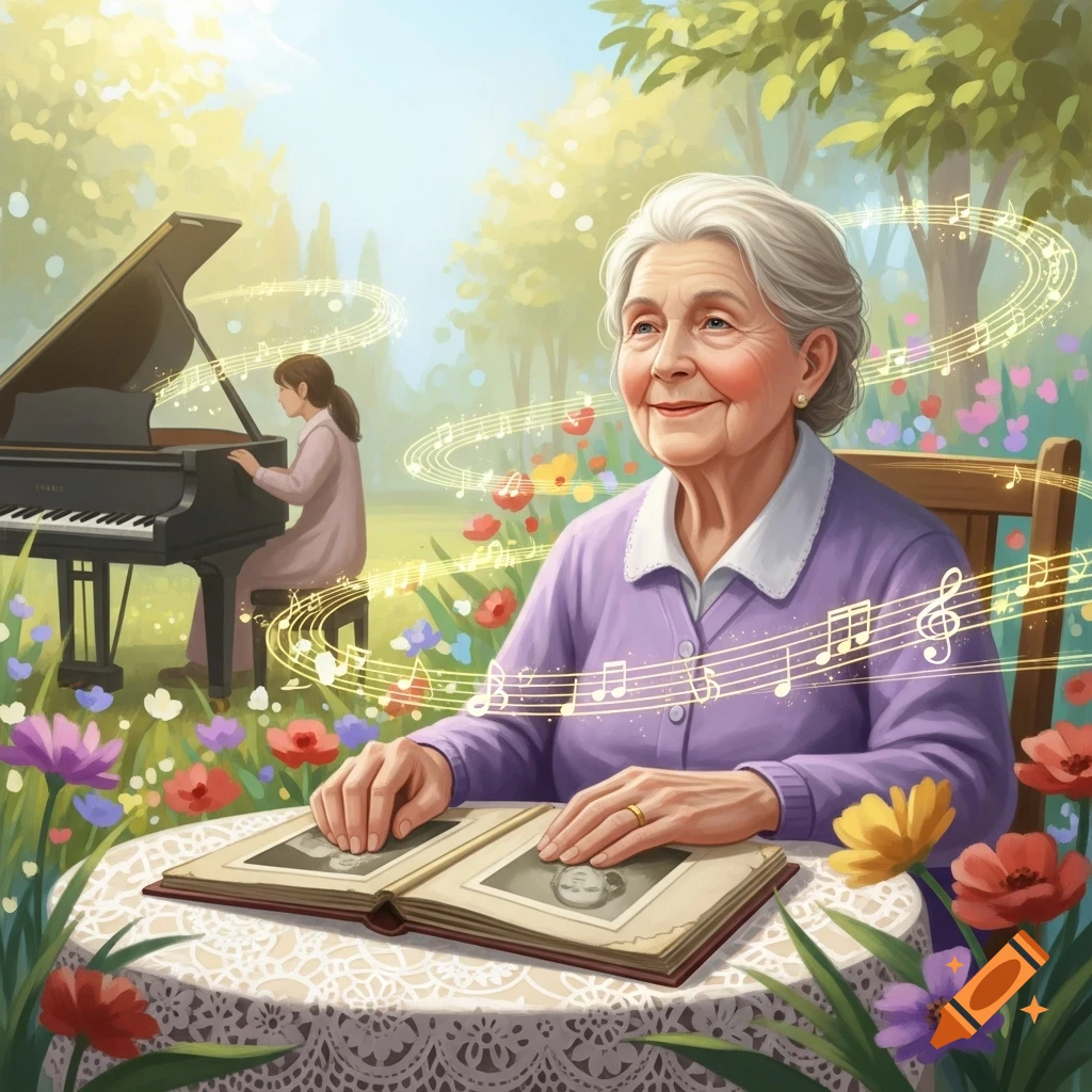 Illustrated scene of an elderly woman looking at a photo album in a garden, with a young woman playing piano and musical notes.