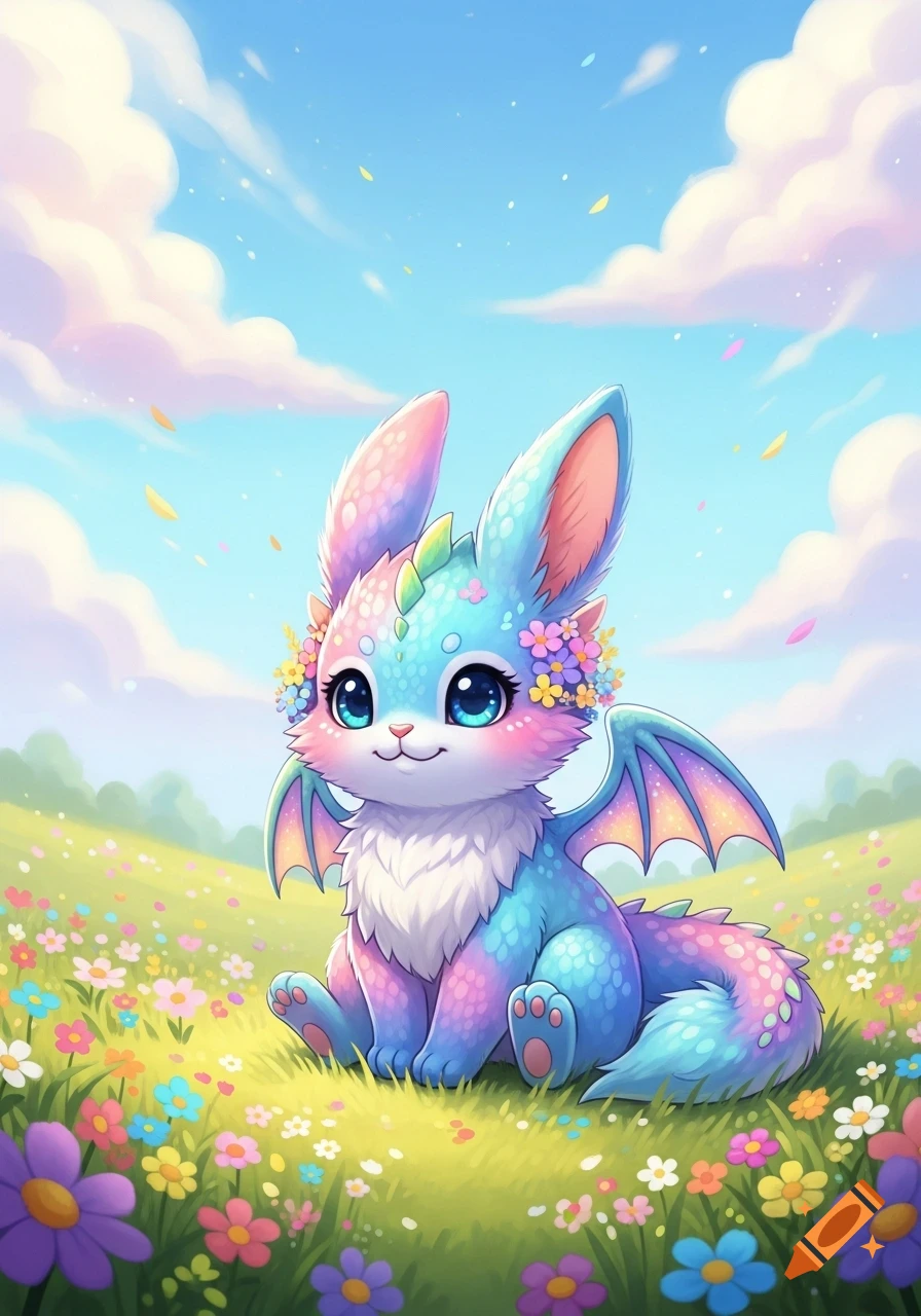 An adorable, pastel-colored fantasy creature with bunny ears, dragon wings, and big blue eyes, sitting in a flower field under a blue sky.