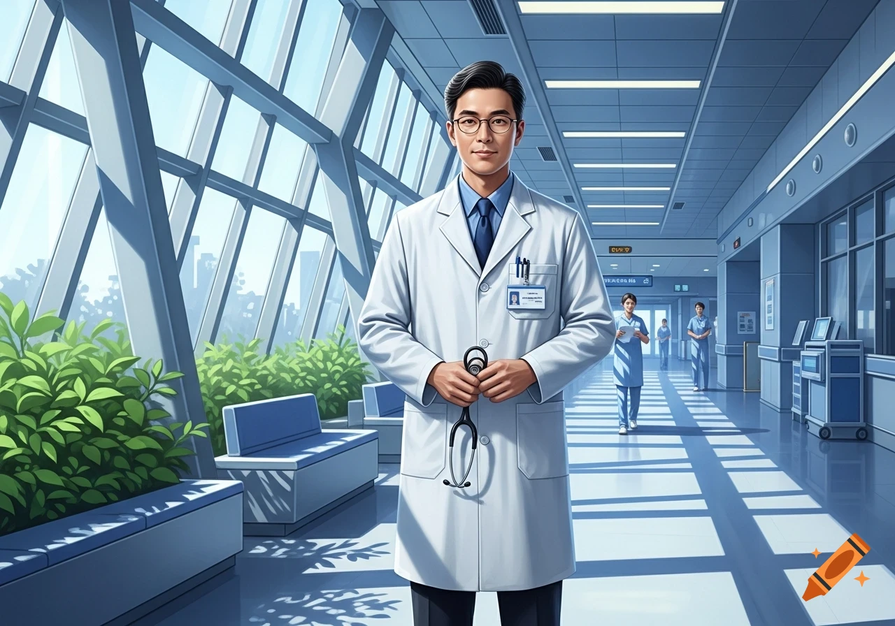A man in a white lab coat and glasses holds a stethoscope in a bright, modern hospital hallway with other medical staff.