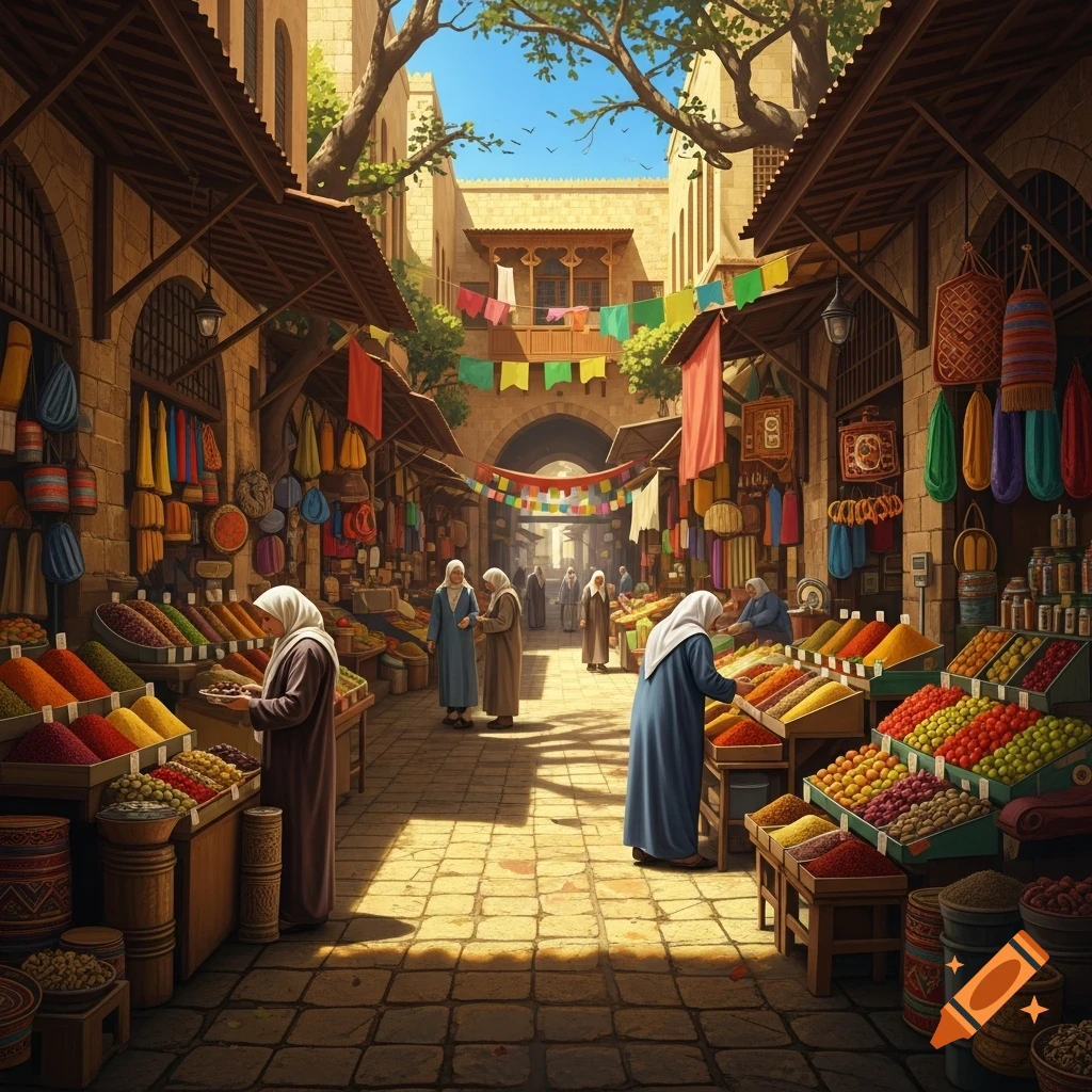 Vibrant illustration of a lively Middle Eastern souk, with shoppers browsing colorful spice and produce stalls under a sunny sky.