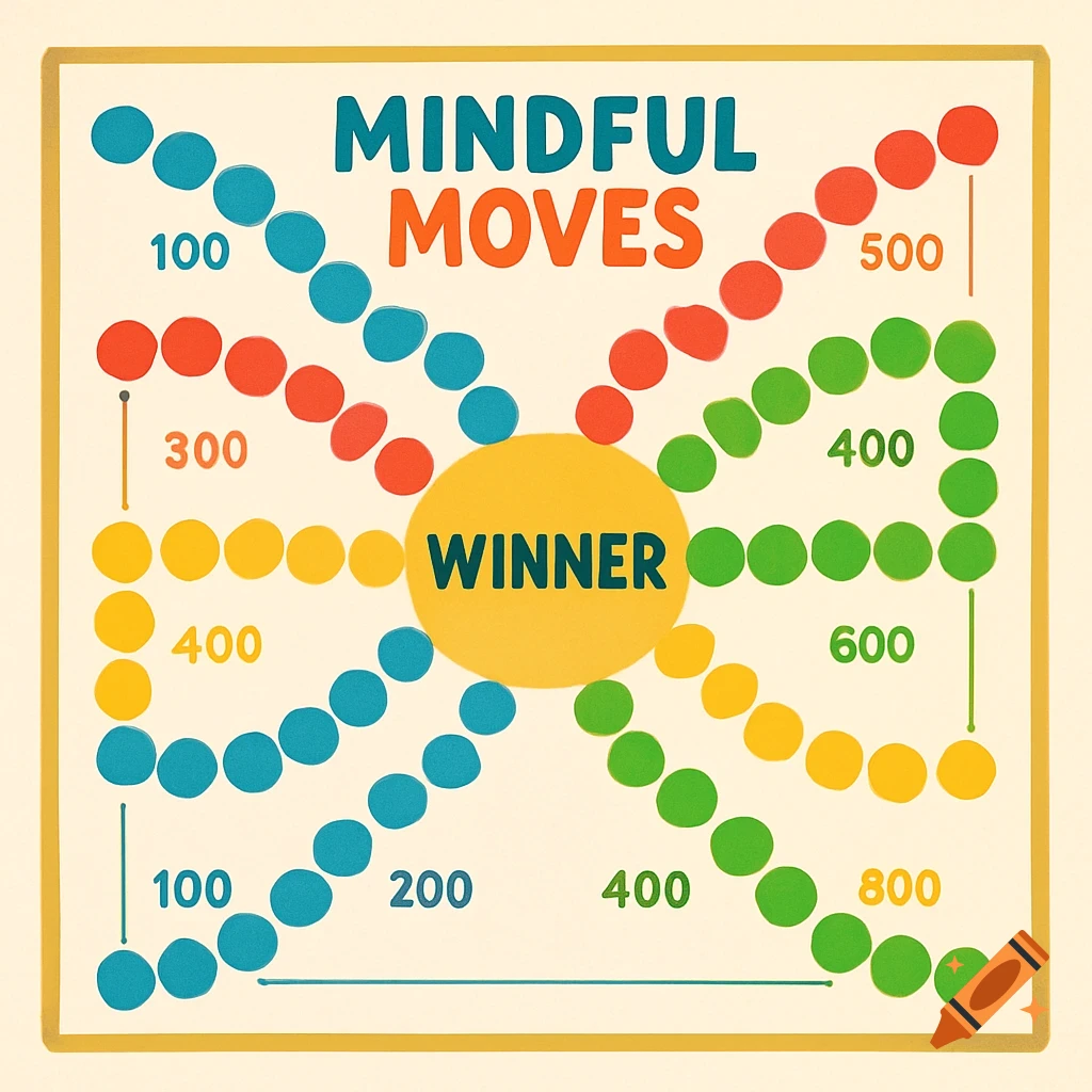 Top-down illustration of a 'Mindful Moves' board game with colorful paths of spaces leading to a central 'WINNER' circle.