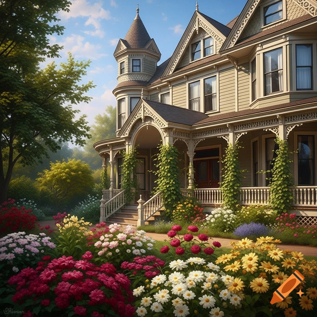 A detailed Queen Anne Victorian house with a wraparound porch, surrounded by a lush, vibrant garden filled with colorful flowers.