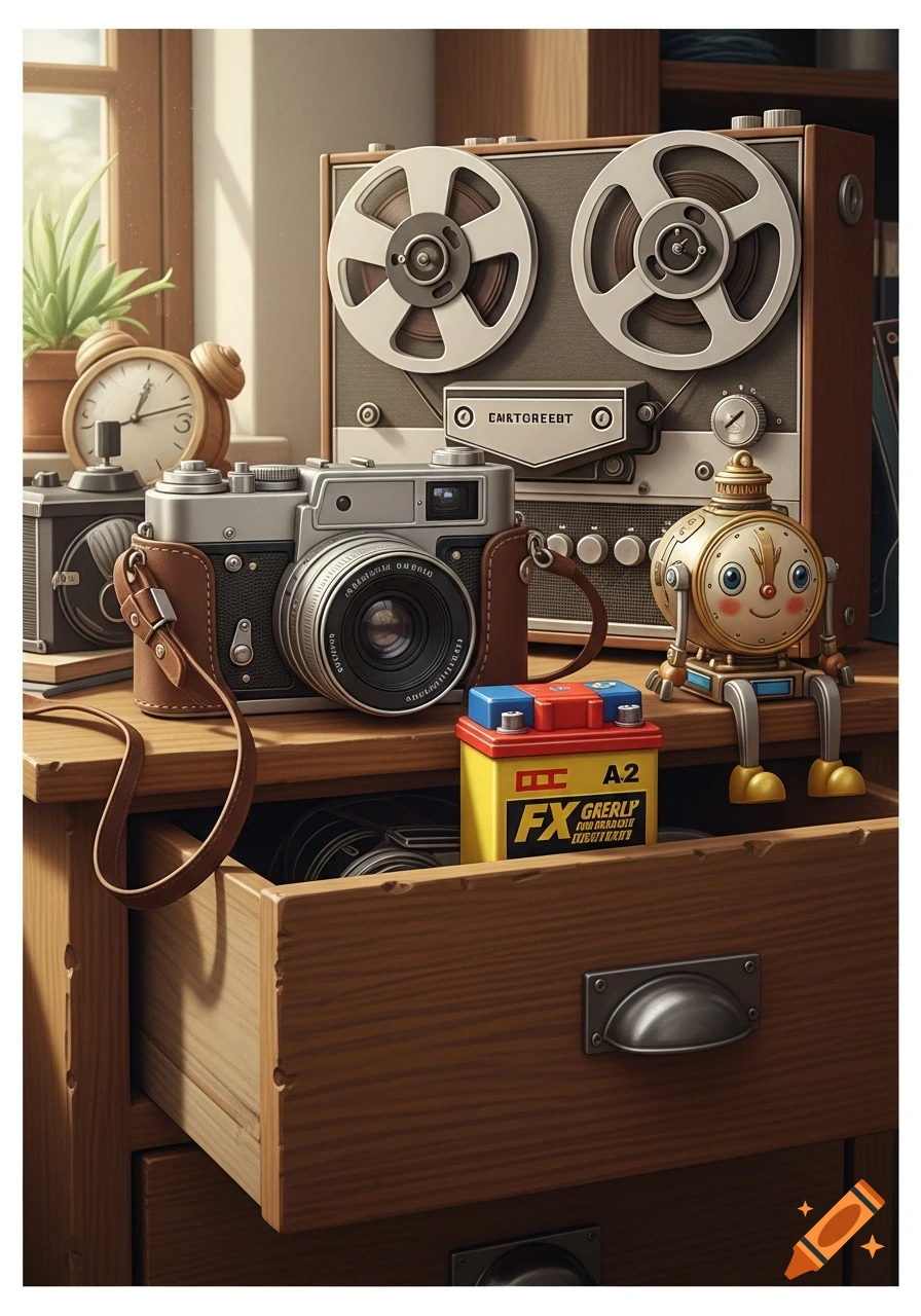 A still life of vintage objects: a reel-to-reel player, a camera, a toy robot, and a car battery on a wooden desk near a window.
