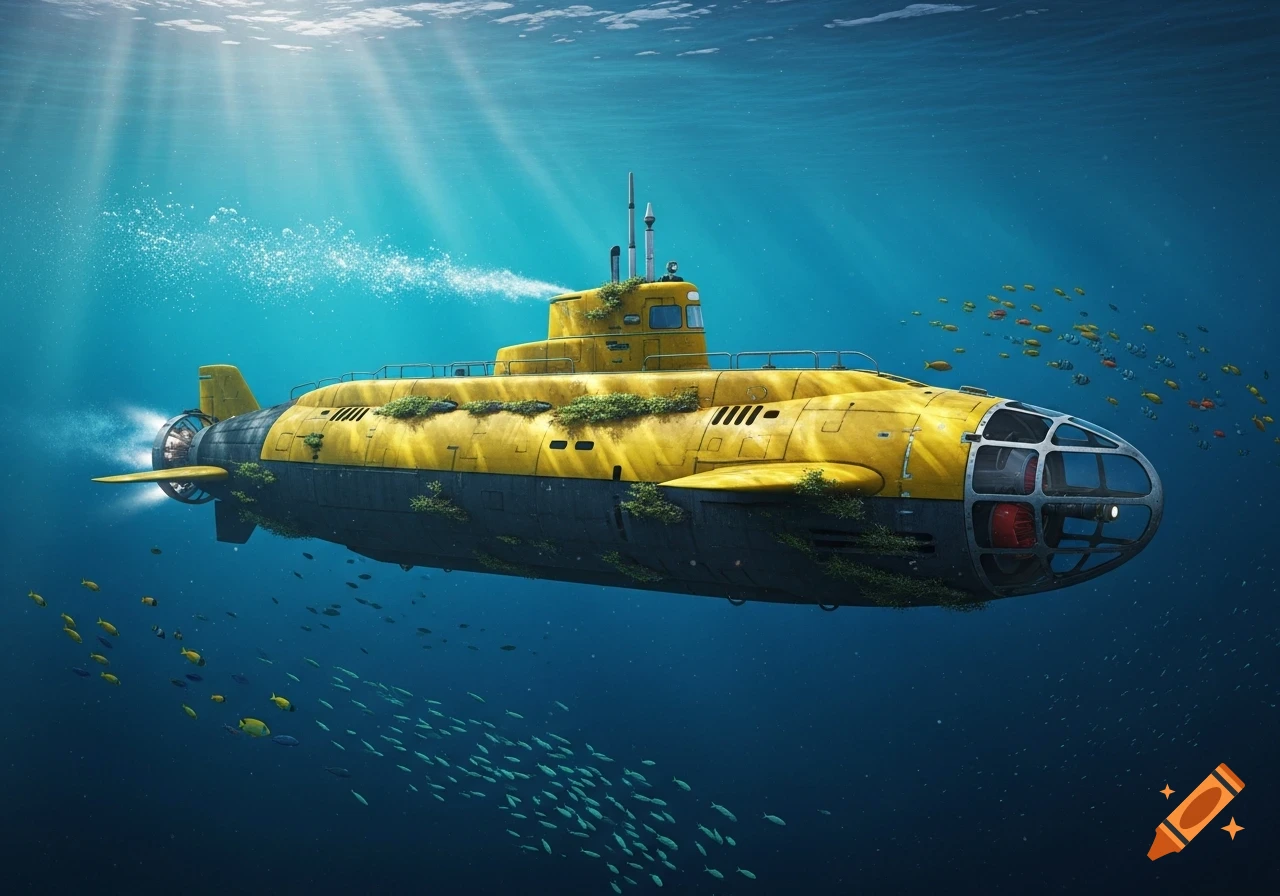 A vibrant yellow and grey submarine, overgrown with algae, submerged in a clear blue ocean with schools of fish and sunrays. Realistic style.