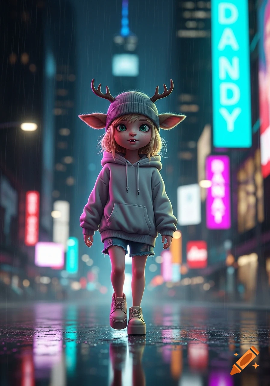 A stylized girl with antlers and fangs, wearing a beanie and hoodie, walks alone on a wet, neon-lit city street at night.