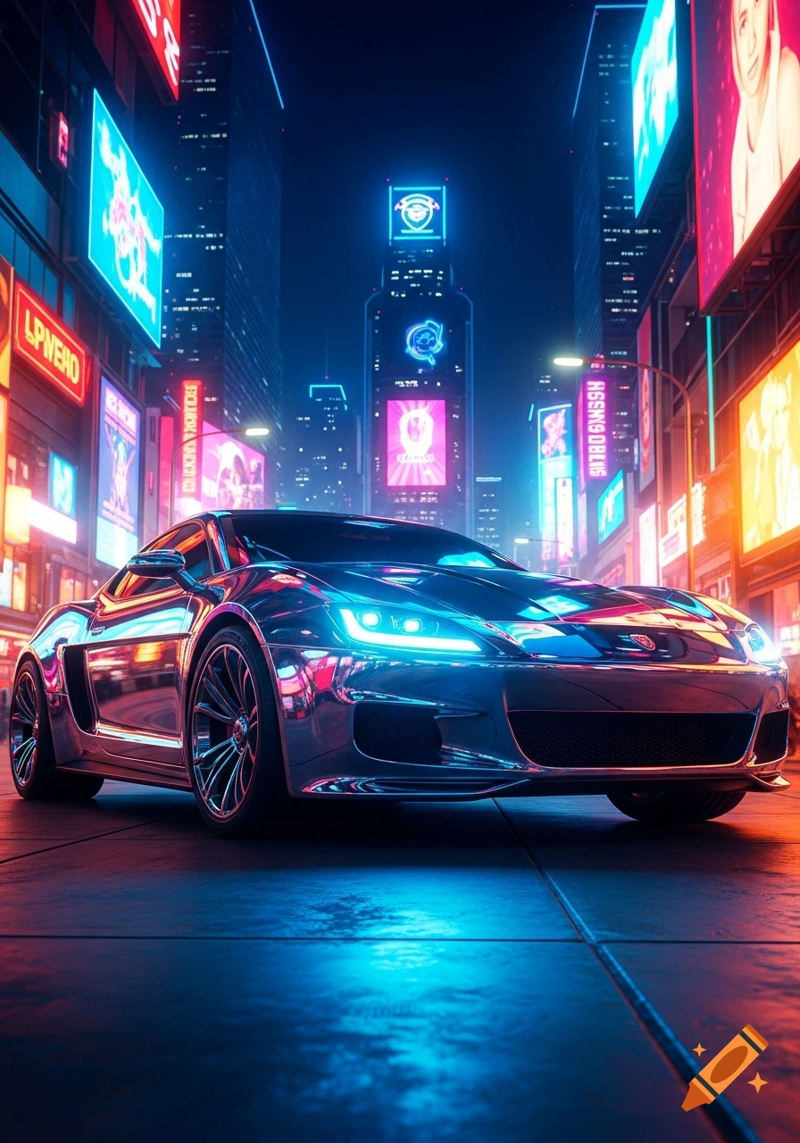 A chrome-painted futuristic sports car on a wet street at night ...