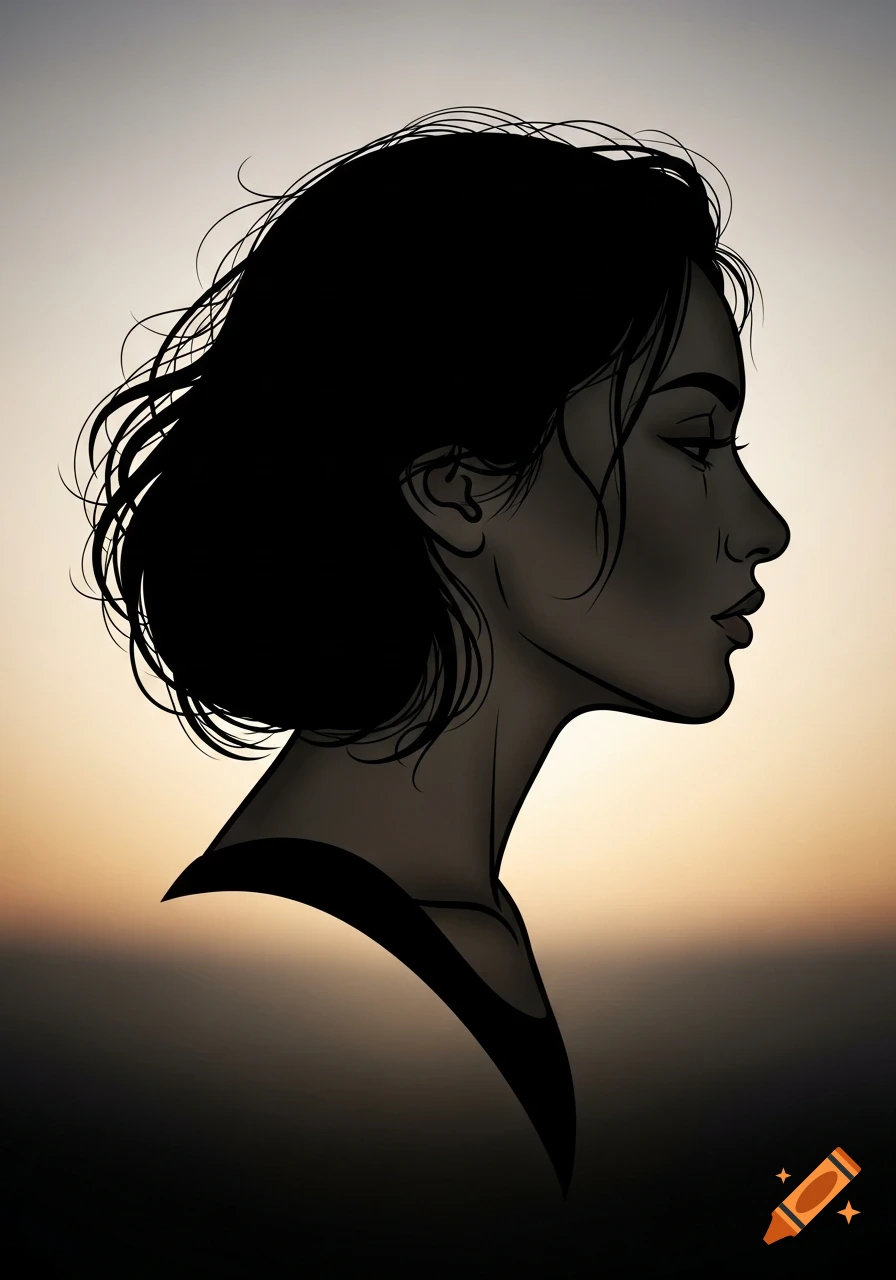 Stylized black silhouette of a woman's head in profile with wispy hair against a warm gradient sky.