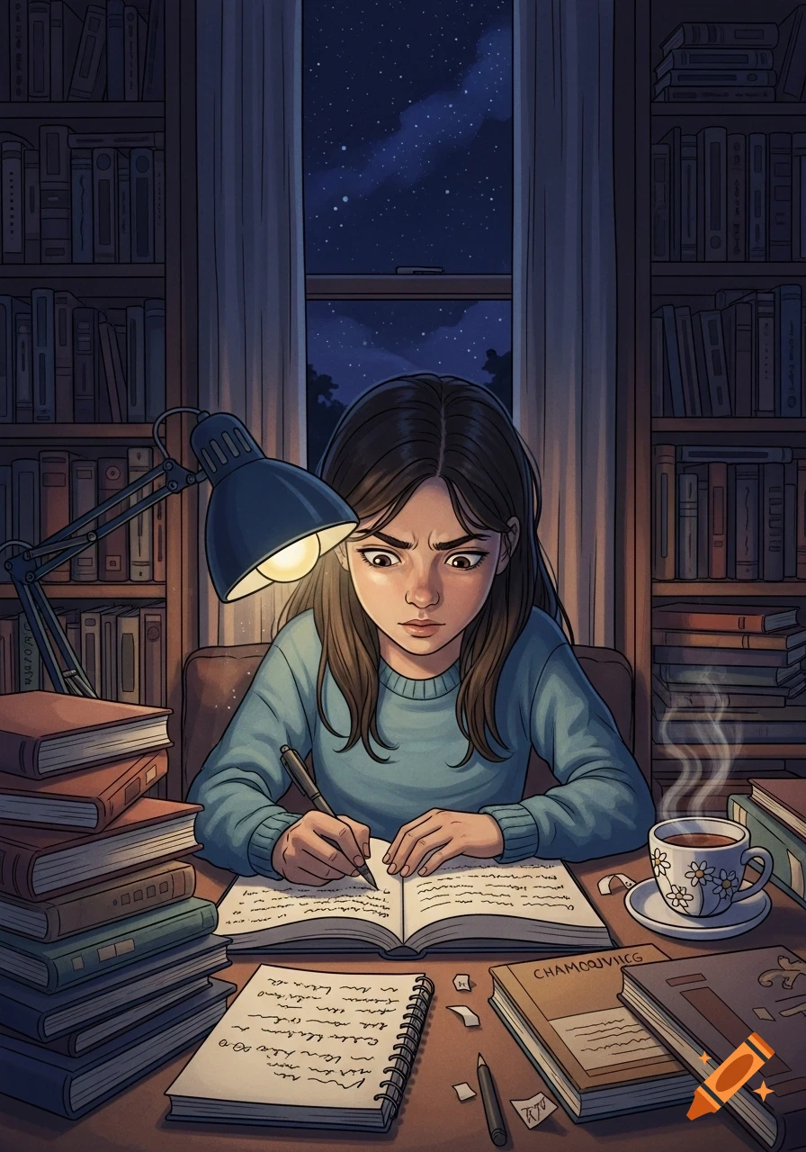 A cartoon illustration of a focused girl studying at night with books, a desk lamp, and a steaming mug.