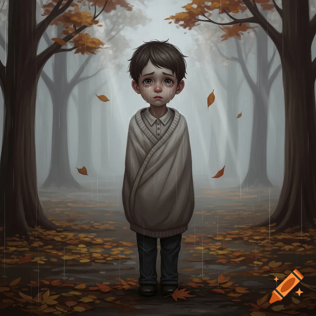 A sad, crying boy, wrapped in a blanket, stands in a rainy autumn forest with fallen leaves in this stylized illustration.