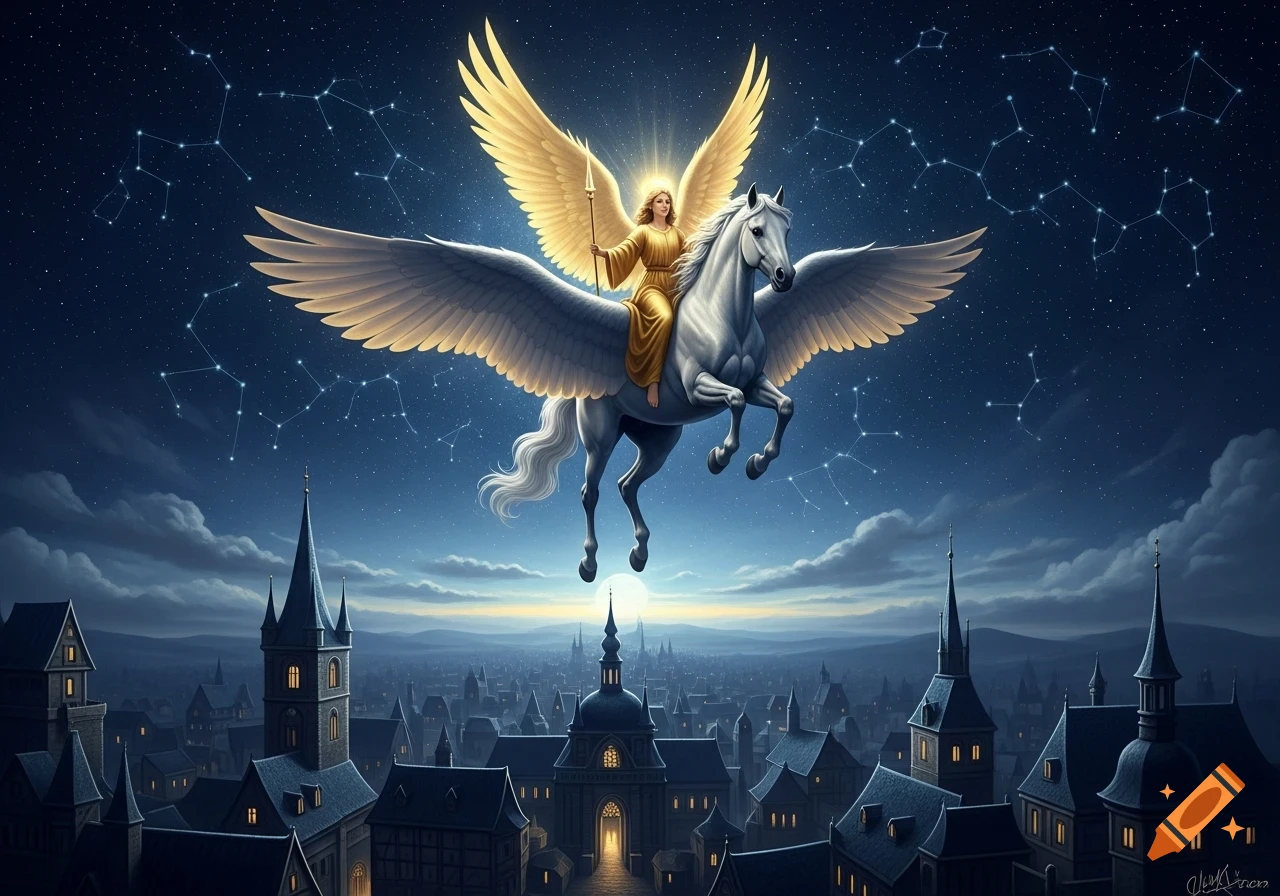 A golden-winged angel rides a white Pegasus through a star-filled night sky above a medieval city, detailed digital art.