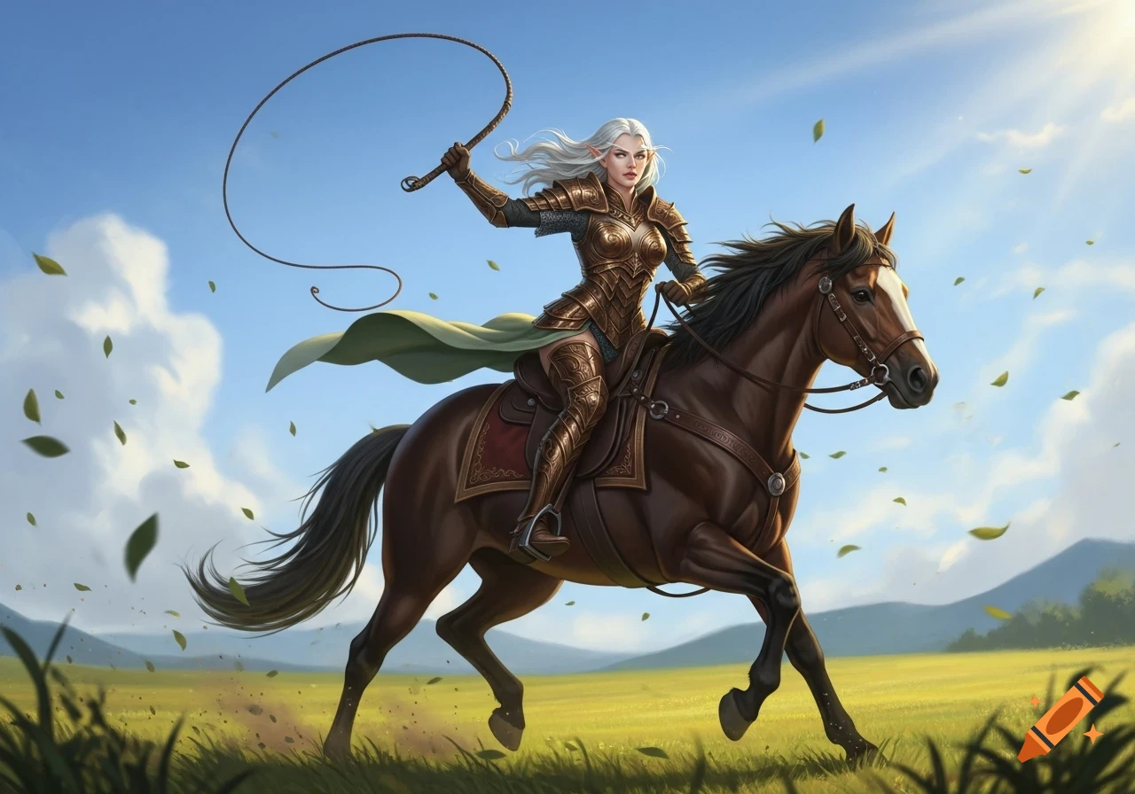Silver-haired elf in bronze armor rides a brown horse through a grassy field, swinging a leather whip under a blue sky.