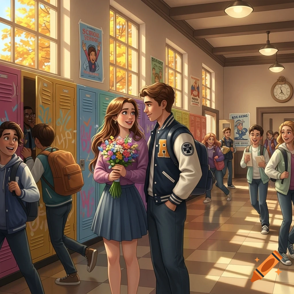 A young couple holding flowers in a school hallway, surrounded by other students, in an animated style.