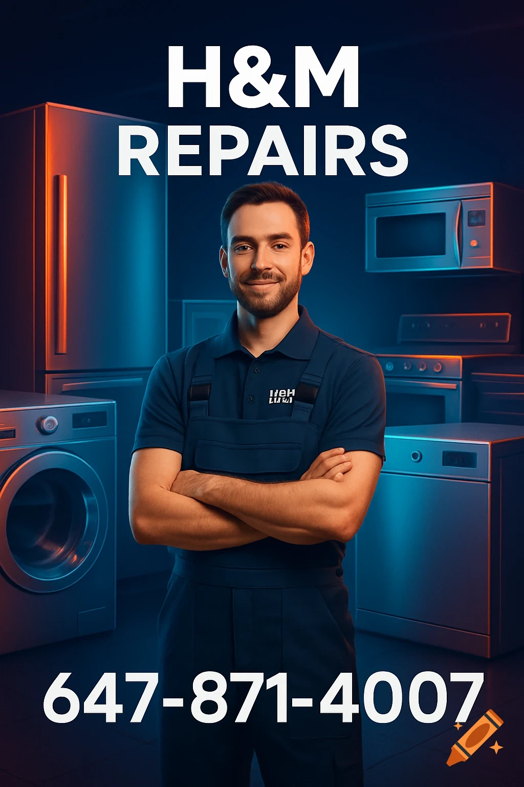 A smiling male appliance technician in a dark blue uniform with folded arms stands among various appliances, with "H&M REPAIRS" and a phone number "647-871-4007" overlaying the image.