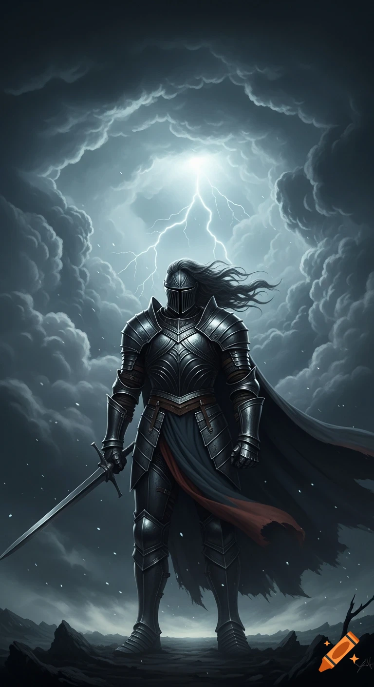 A dark fantasy knight in detailed armor stands on a stormy plain, sword in hand, under a sky lit by lightning.