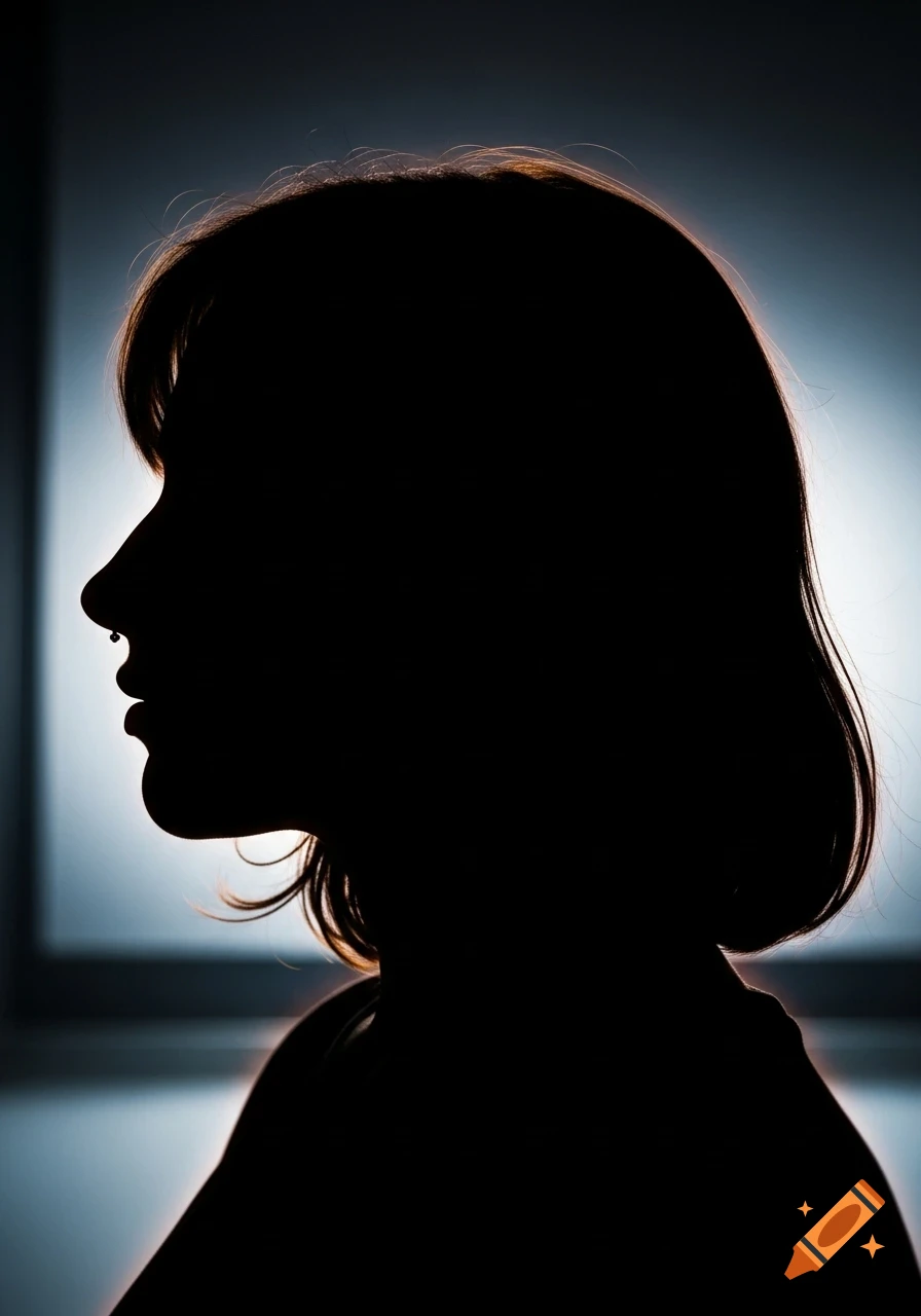 Dark silhouette of a person's head and shoulders in profile, back-lit, with a nose piercing visible.