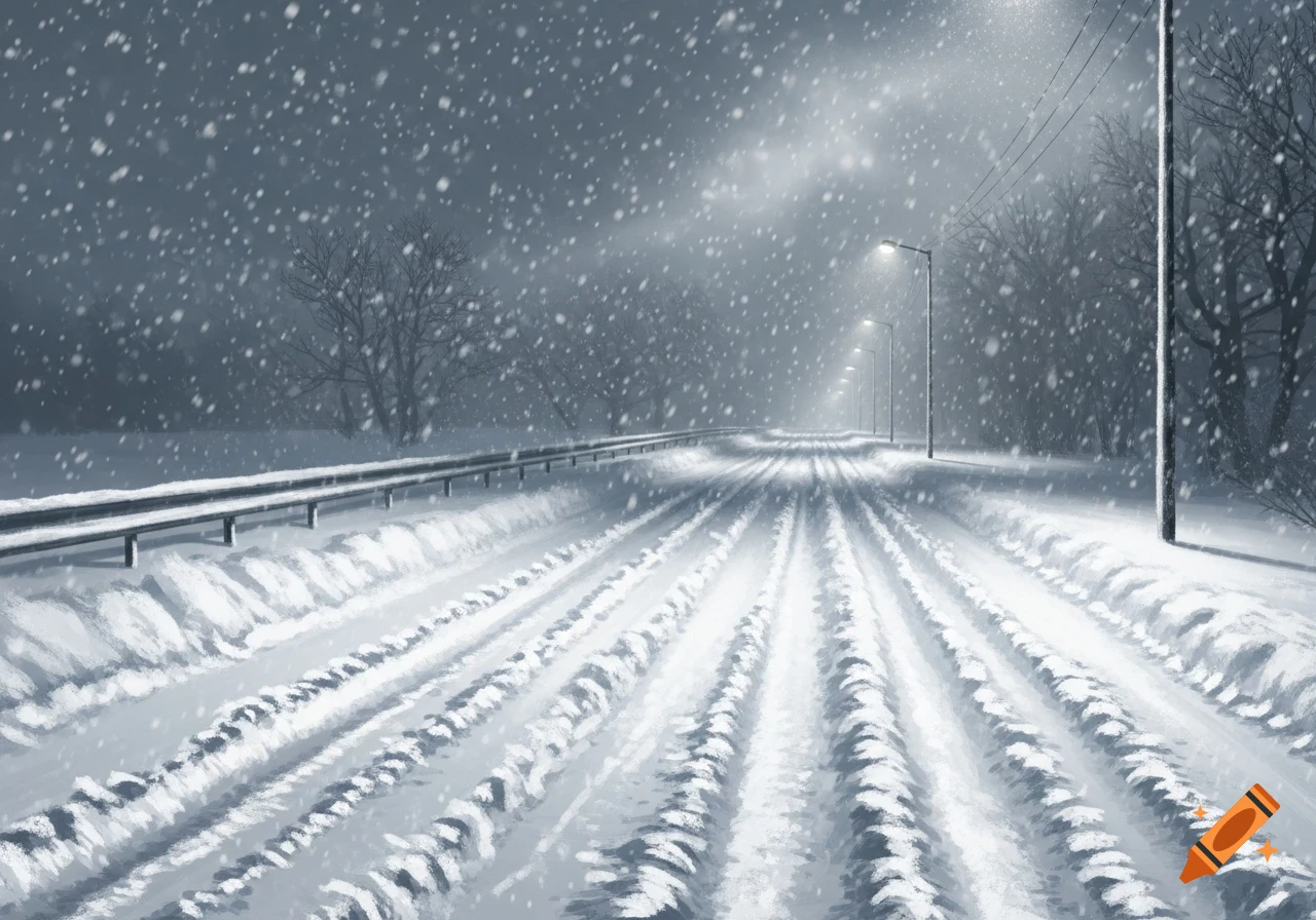 A desolate snowy road with deep tire tracks and streetlights illuminating falling snow, flanked by a guardrail and bare trees.