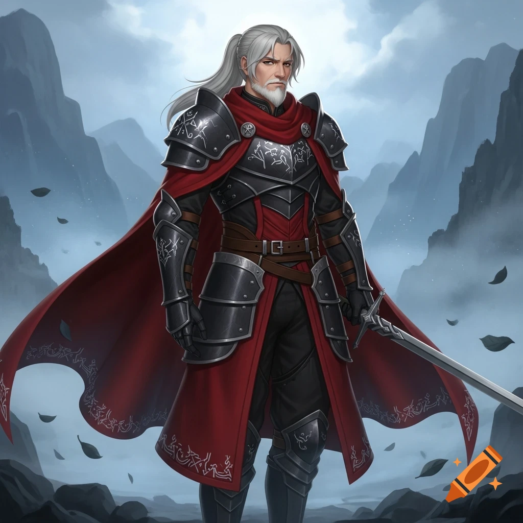 A white-haired, bearded male knight in black and silver armor with a flowing red cape stands holding a sword in a misty mountain landscape.