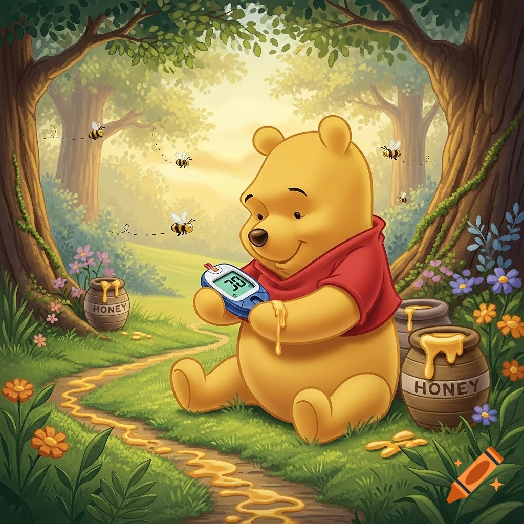 Winnie the Pooh sits in a sunny forest, happily checking his blood glucose on a meter, with bees and honey pots nearby.