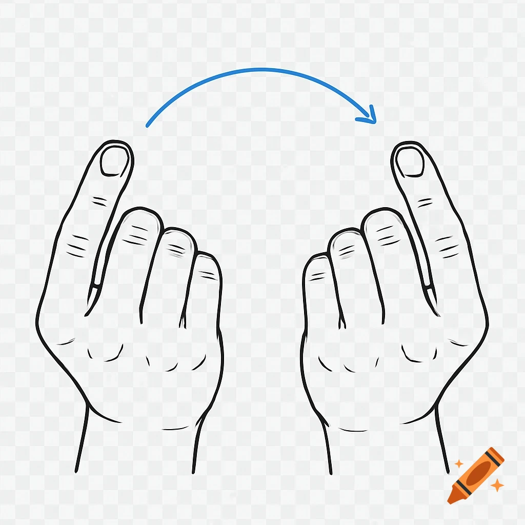 Minimalist black line drawing of two hands making a 'come here' gesture, with a blue semicircle arrow between them indicating inward motion. Transparent background.