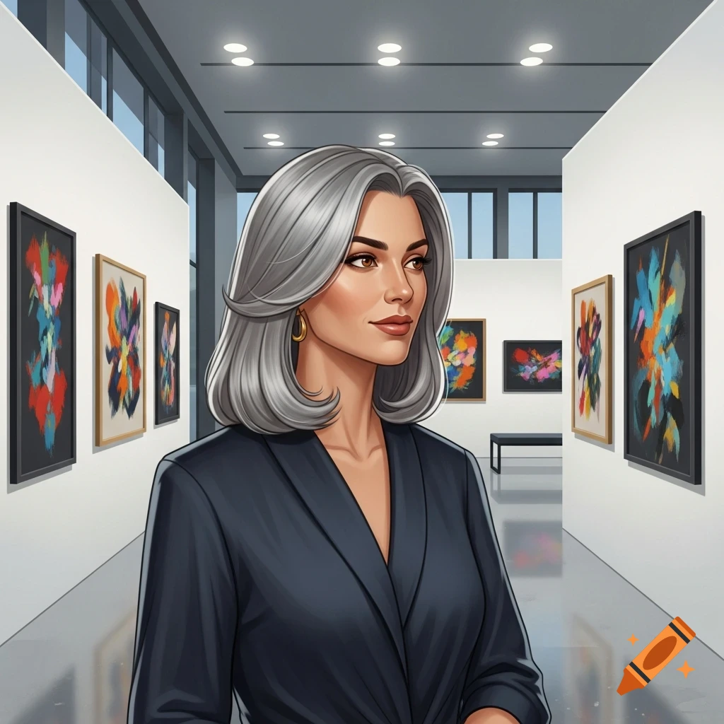 An illustrative style image of a woman with grey, shoulder-length hair in a dark suit, standing in an art gallery.