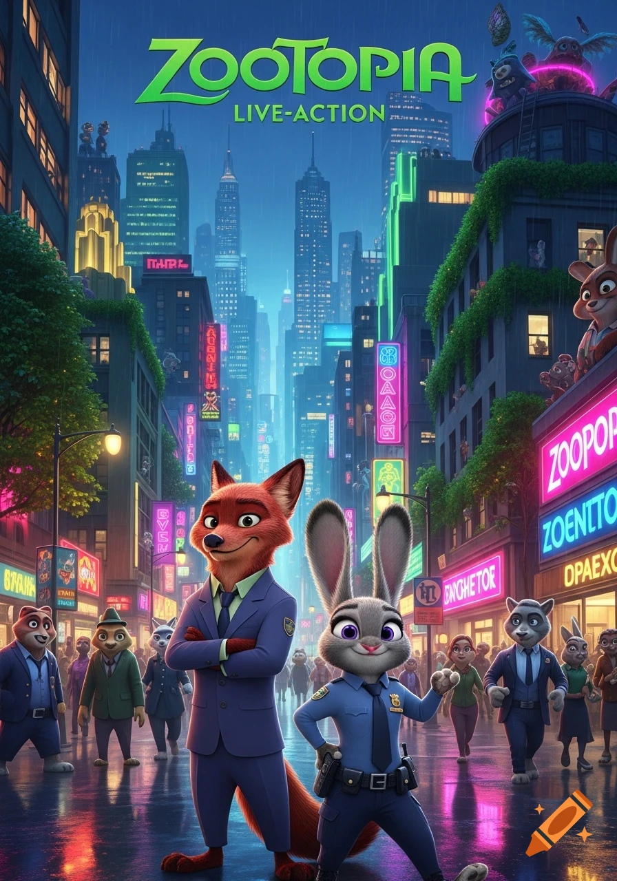 A Zootopia live-action movie poster featuring Nick Wilde and Judy Hopps in a neon-lit city street with other anthropomorphic animals.
