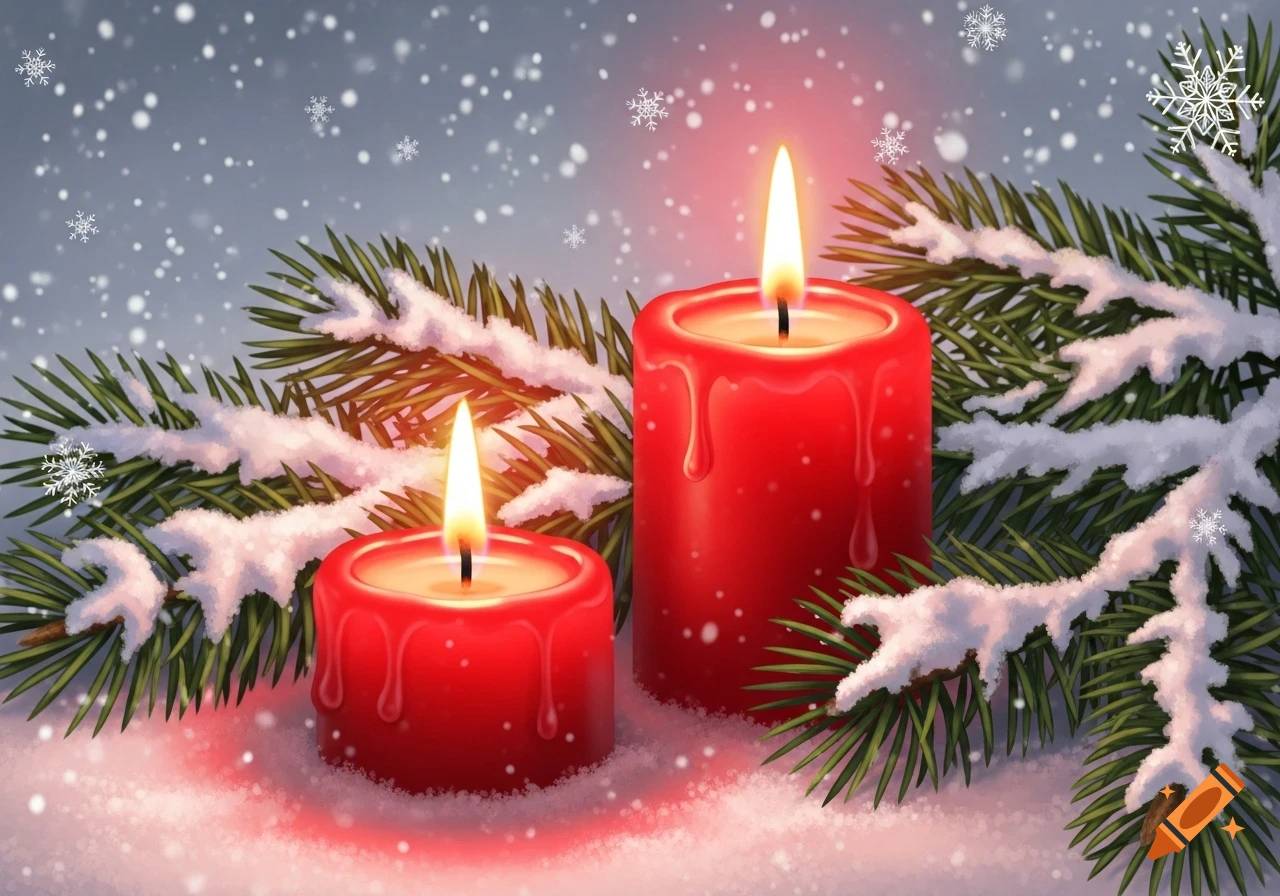 Two lit red candles on snow-covered ground with snowy pine branches and falling snowflakes, digital art style.