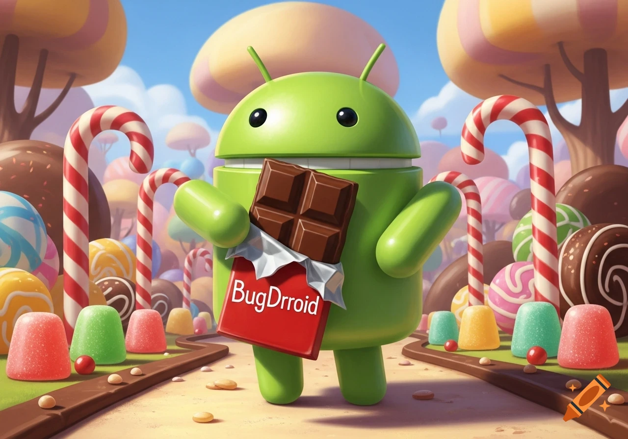 A cheerful green Android mascot holds a chocolate bar in a vibrant candy land filled with giant lollipops and sweets.