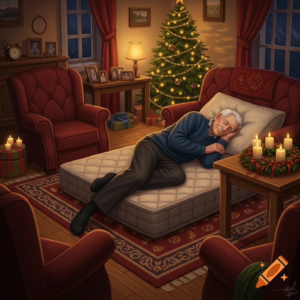 An elderly man sleeps on a mattress in a cozy living room decorated for Christmas with a tree and candles, digital art style.