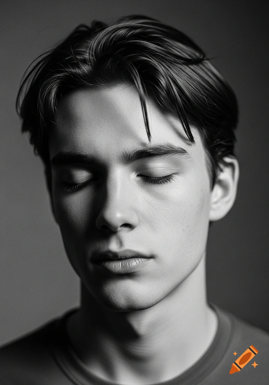 A black and white close-up portrait of a young man with closed eyes and neatly styled hair, conveying a sense of calm contemplation.