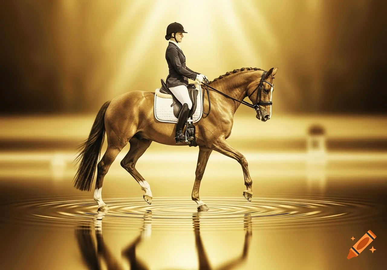 A female rider on a dressage horse walks gracefully across a golden, rippling water surface with golden lighting.