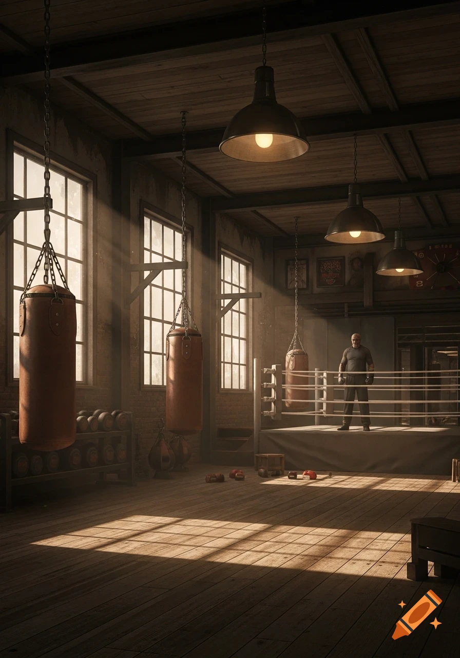 A man stands in a boxing ring inside a rustic warehouse boxing gym with punching bags and sun rays streaming through windows.