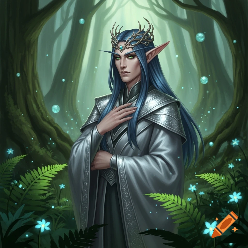 A regal high elf with long blue hair, pointed ears, and a crown stands in an enchanted forest.