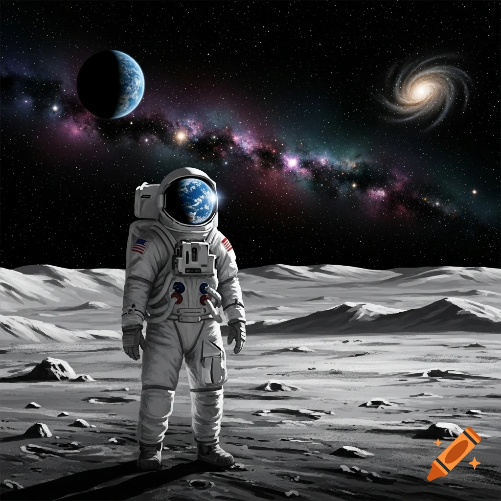 An astronaut in a white suit stands on the cratered lunar surface, with a planet and a colorful galaxy in the starry sky.